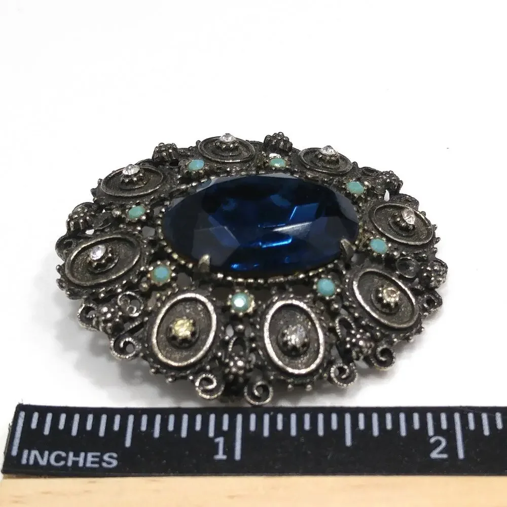 Florenza Blue Faceted Glass Brooch & Pendant, Antique Silver Tone, Gold Plated